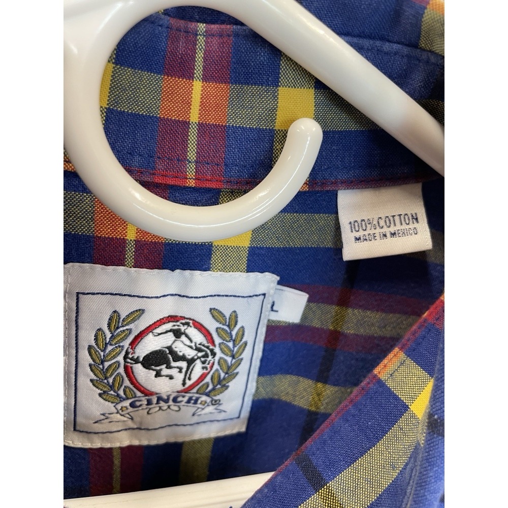 Vtg CINCH Mens L Western Shirt Plaid Blue/Yellow Long Sleeve 100% Cotton Cowboy - Picture 5 of 7
